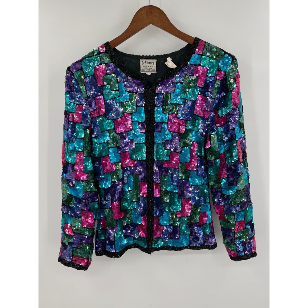 Stenay Vintage 100% silk women's sequin bright color jacket size small